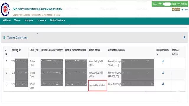pf transfer rejected by member